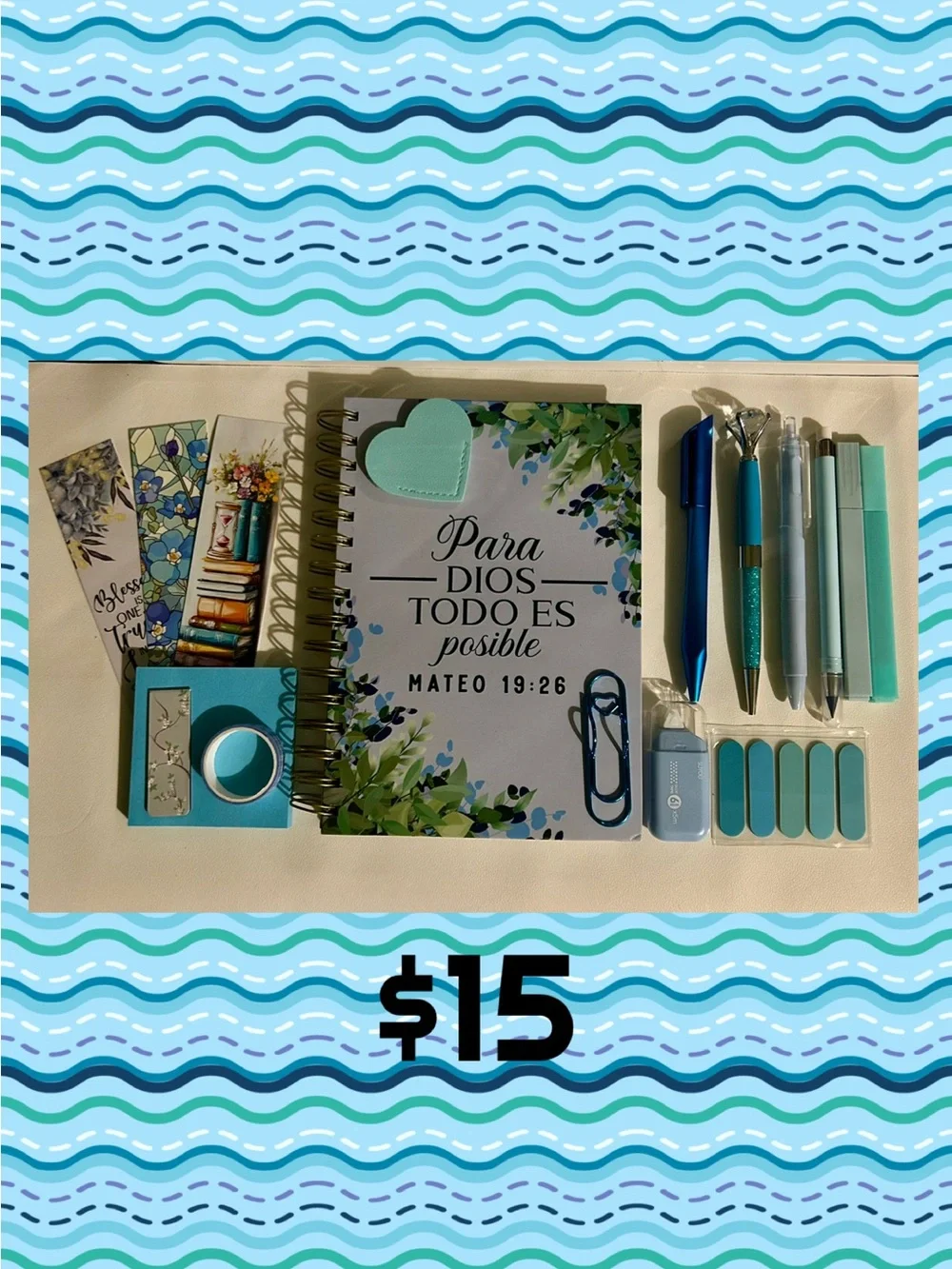 Notebook and Turquoise Pen Set with Floral Design